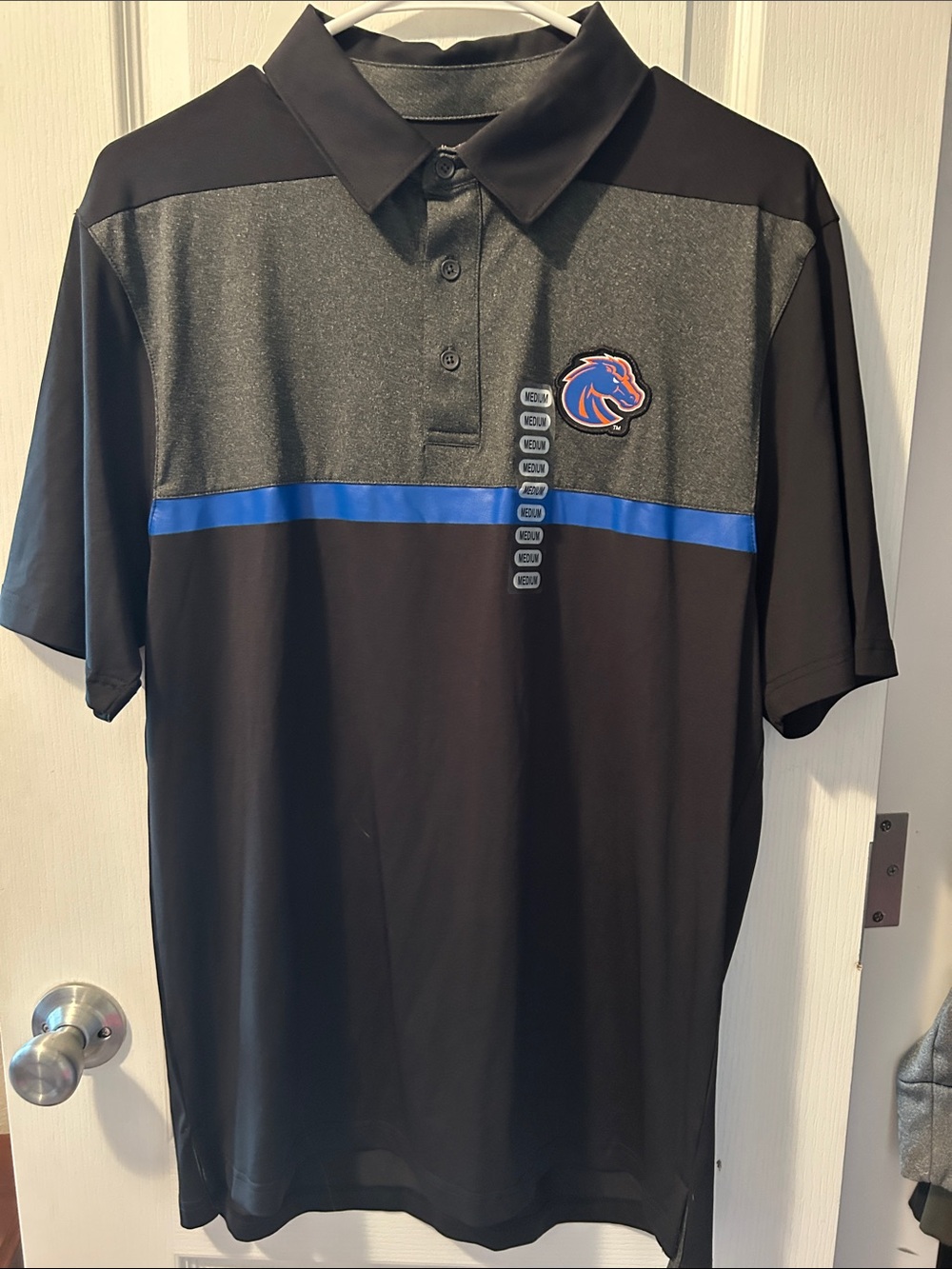 Men's Black Polo with Blue Stripe and Team Patch Boise State Broncos